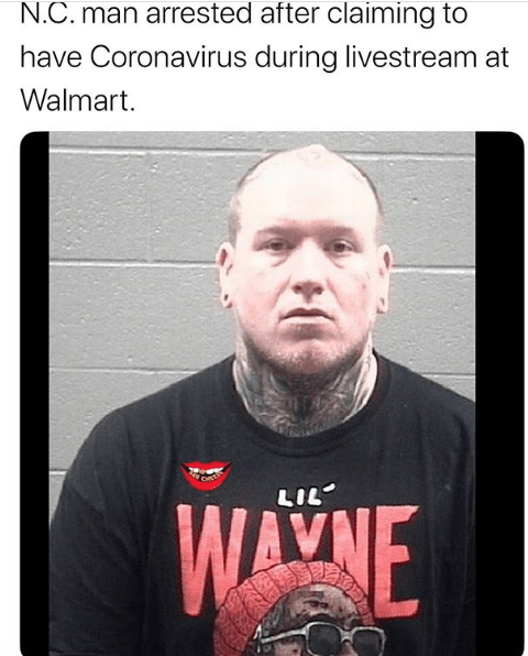 North Carolina man Justin Rhodes in jail after posting video  himself in store spreading Corona Virus after testing positive